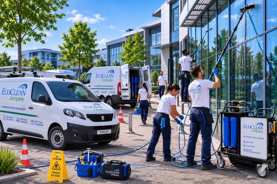 L'équipe EcoClean au travail sur un chantier avec plusieurs camionnettes floquées