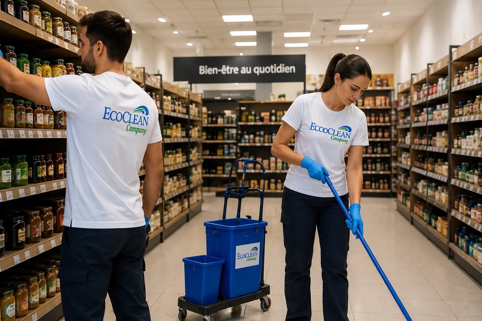 Équipe EcoClean nettoyant un magasin agroalimentaire, protocole HACCP, produits contact alimentaire, sols et rayonnages