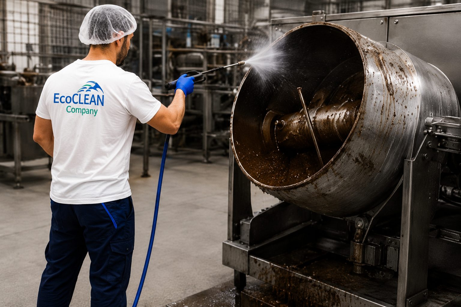 Agent EcoClean nettoyant une cuve de production alimentaire au jet haute pression, charlotte et gants, protocole HACCP
