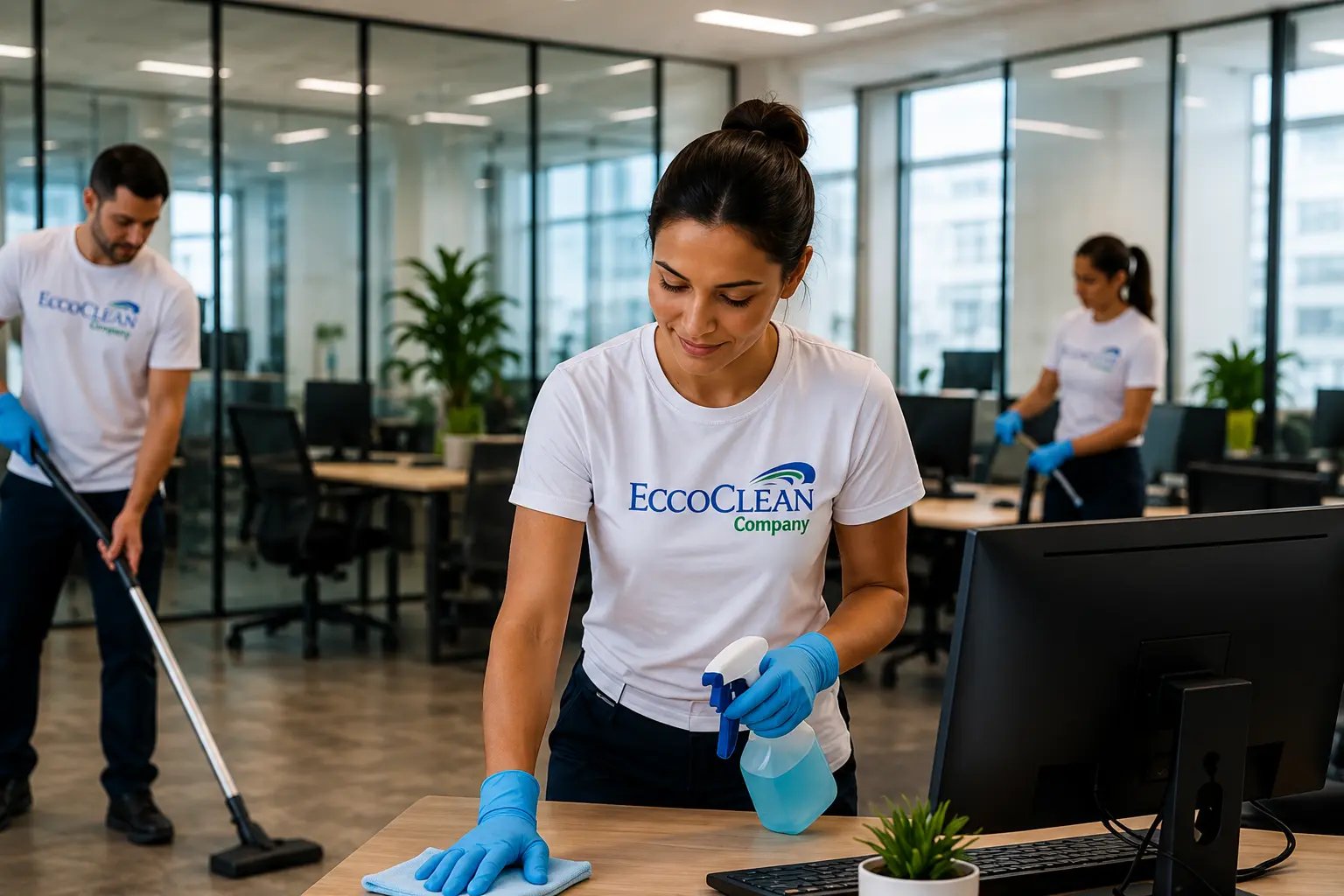Équipe EcoClean réalisant l'entretien professionnel d'un open space de bureaux avec produits éco-labellisés