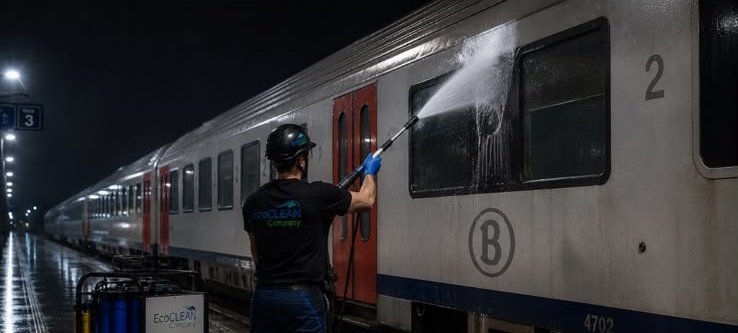 Lavage extérieur haute pression d'une voiture SNCB en gare, de nuit