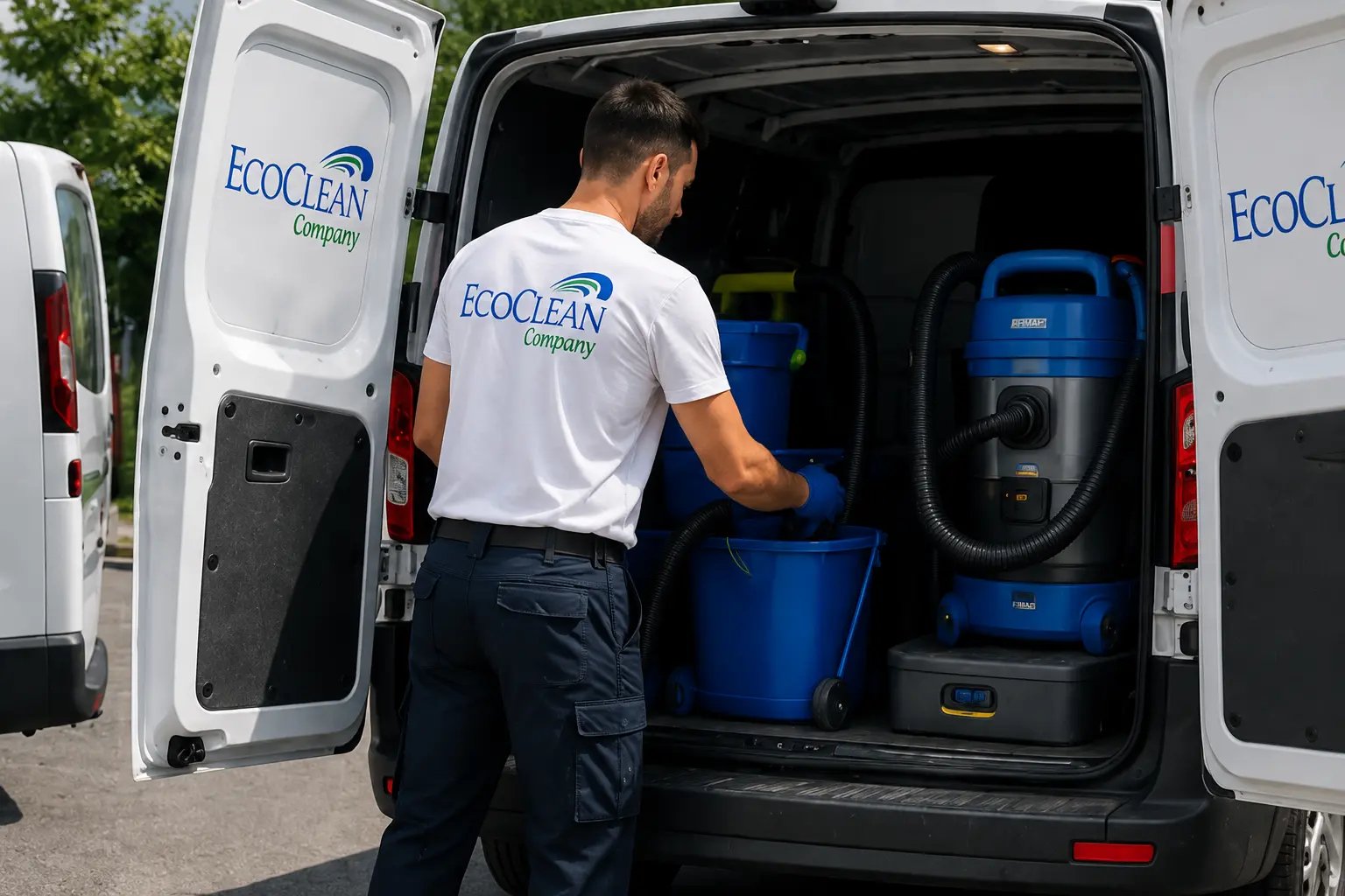 Agent EcoClean chargeant aspirateur industriel HEPA et matériel de nettoyage professionnel dans la camionnette floquée