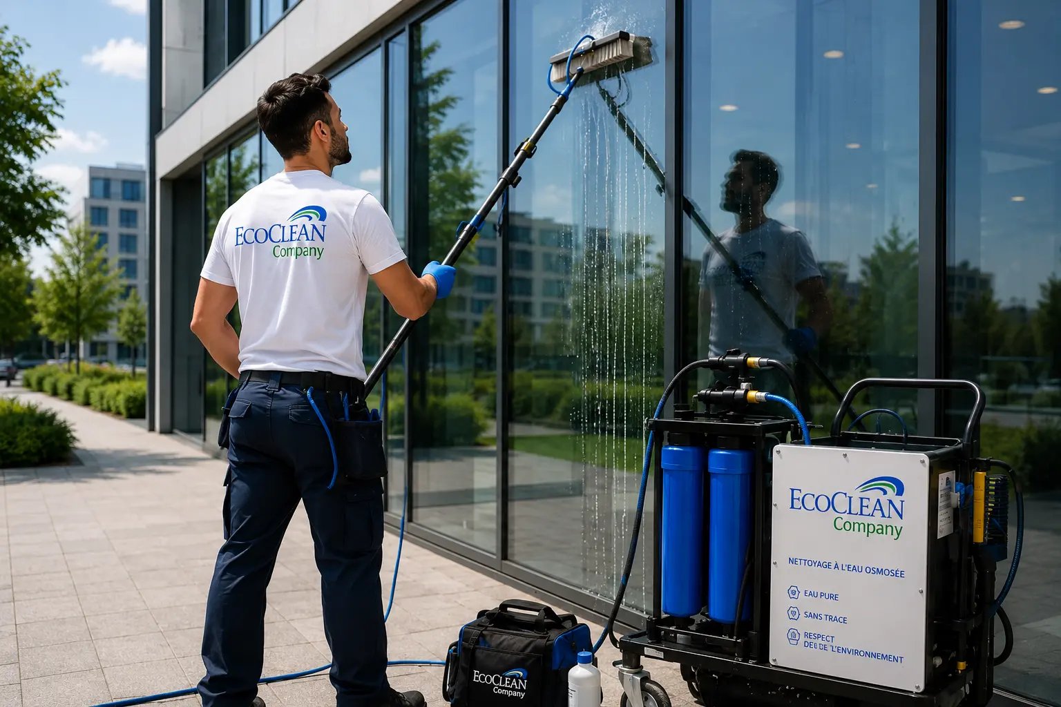 Nettoyage professionnel de vitres à la perche télescopique à eau osmosée EcoClean, sans trace, sans détergent, respect de l'environnement