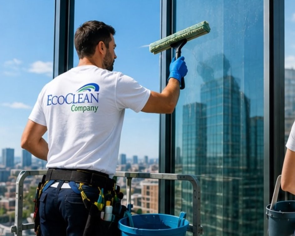 Laveur de vitres EcoClean intervenant en hauteur sur une tour vitrée