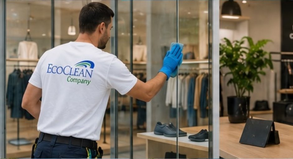 Agent EcoClean nettoyant la vitrine d'une boutique